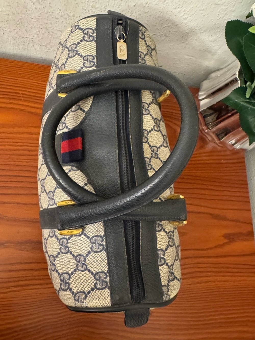 Gucci Beige GG Canvas Satchel with Navy Trim and Red-Blue Web - Picture 8 of 16